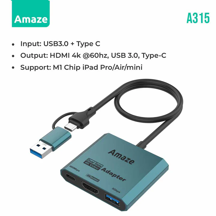 The Amaze A315 3-in-1 Hub delivers HDMI 4K@60Hz, USB 3.0, and Type-C connectivity for seamless expansion of USB-C and USB devices.