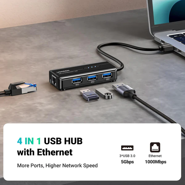 UGREEN 20265 USB3.0 GIGABIT LAN + 3 USB 3.0 MULTIFUNCTION HUB
