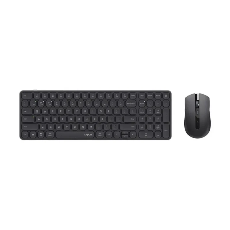 ​Rapoo 9350S dark grey ultra-slim wireless keyboard and optical mouse combo on an office desk.