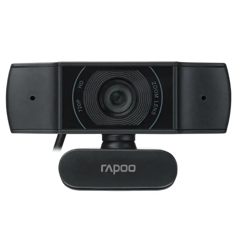 Rapoo C200 HD 720p USB webcam with dual noise-cancelling microphones, 90-degree wide-angle lens, and adjustable mount in black