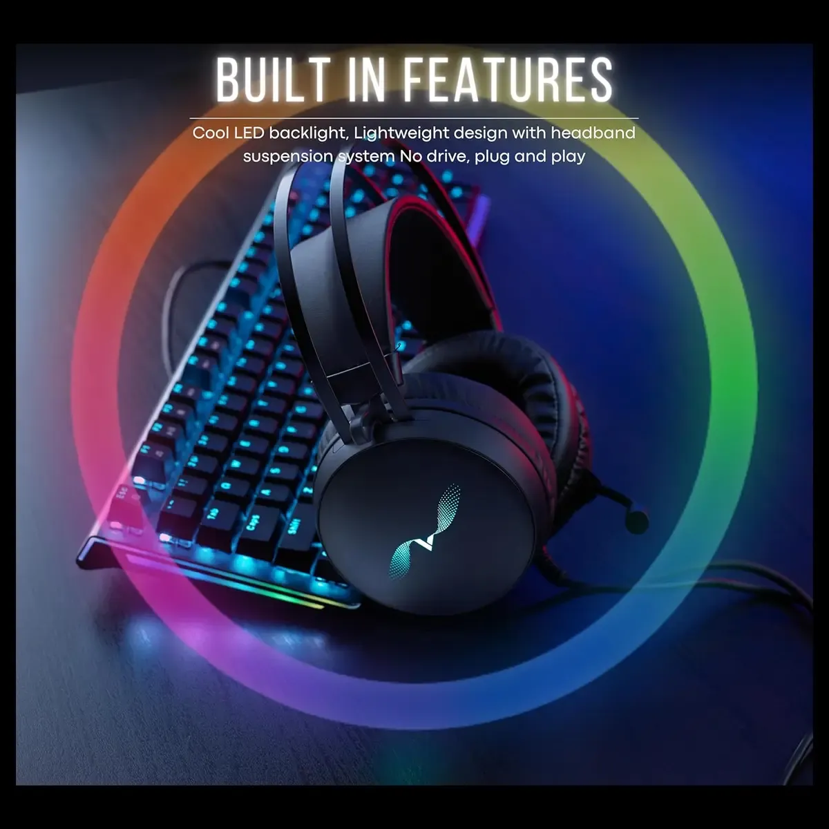 Rapoo VH310 Virtual 7.1 gaming headset with 50mm drivers, ENC microphone, and lightweight suspension headband