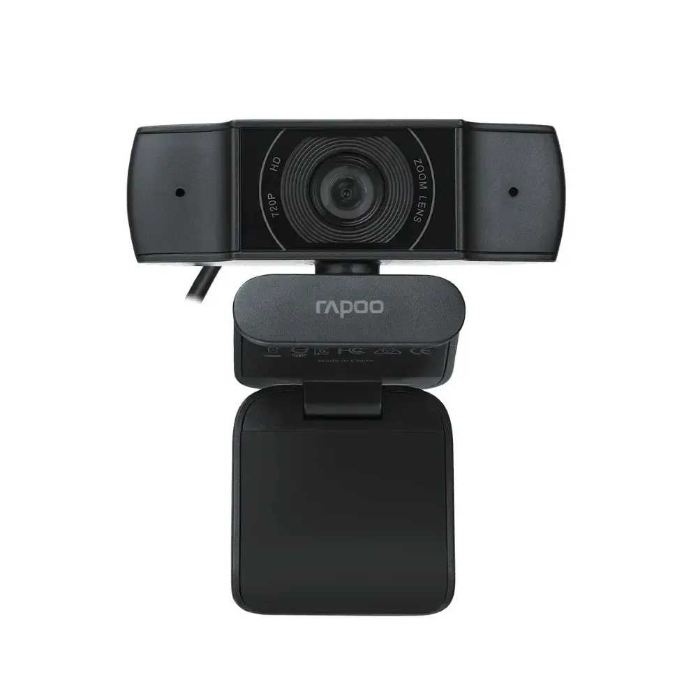 Rapoo C200 HD 720p USB webcam with dual noise-cancelling microphones, 90-degree wide-angle lens, and adjustable mount in black