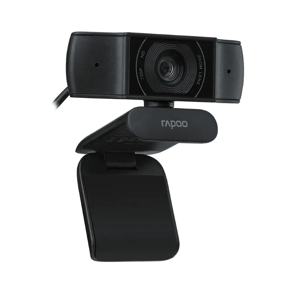 Rapoo C200 HD 720p USB webcam with dual noise-cancelling microphones, 90-degree wide-angle lens, and adjustable mount in black