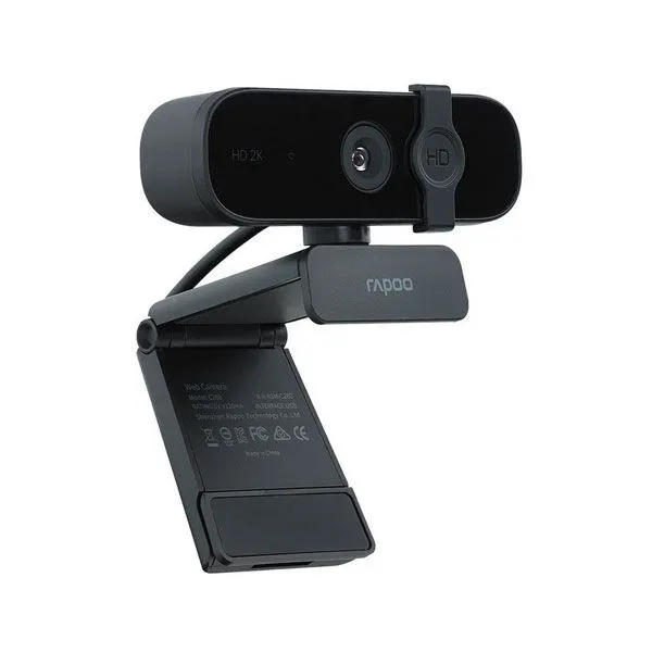 Rapoo C280 2K HD USB webcam with privacy cover, dual noise-cancelling microphones, 85-degree wide-angle lens, and adjustable mount in black