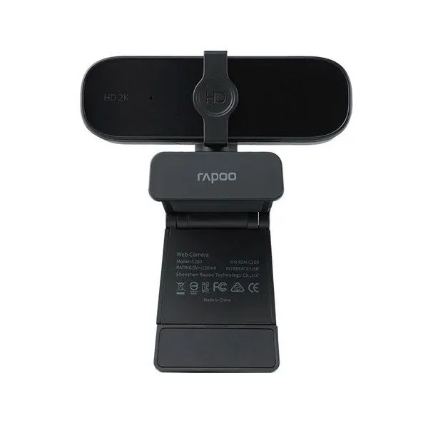Rapoo C280 2K HD USB webcam with privacy cover, dual noise-cancelling microphones, 85-degree wide-angle lens, and adjustable mount in black