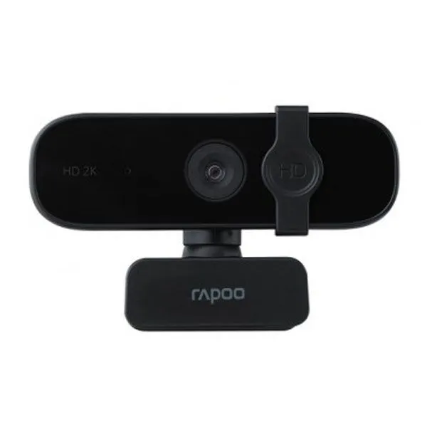 Rapoo C280 2K HD USB webcam with privacy cover, dual noise-cancelling microphones, 85-degree wide-angle lens, and adjustable mount in black