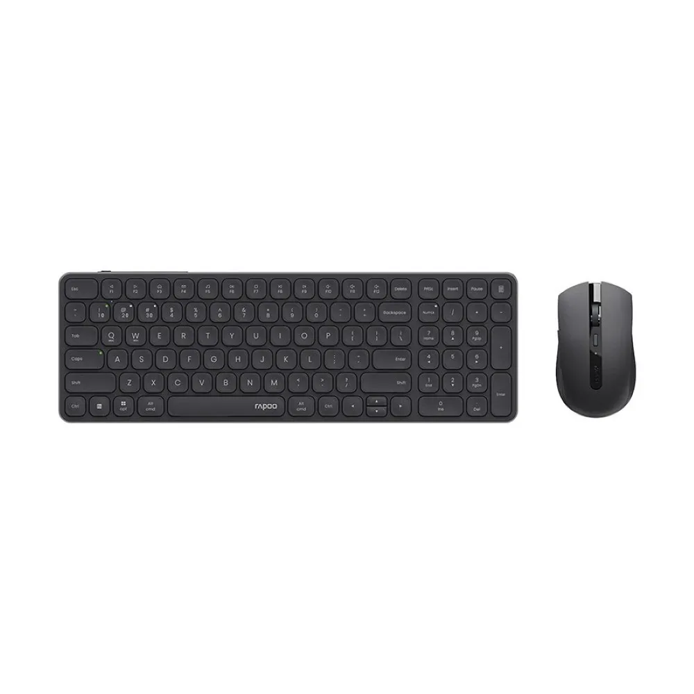 ​Rapoo 9350S dark grey ultra-slim wireless keyboard and optical mouse combo on an office desk.