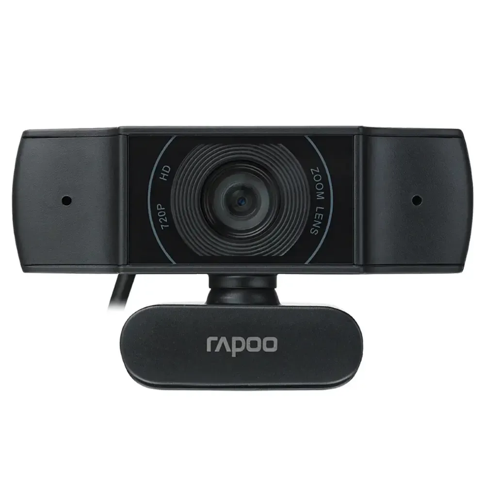 Rapoo C200 HD 720p USB webcam with dual noise-cancelling microphones, 90-degree wide-angle lens, and adjustable mount in black