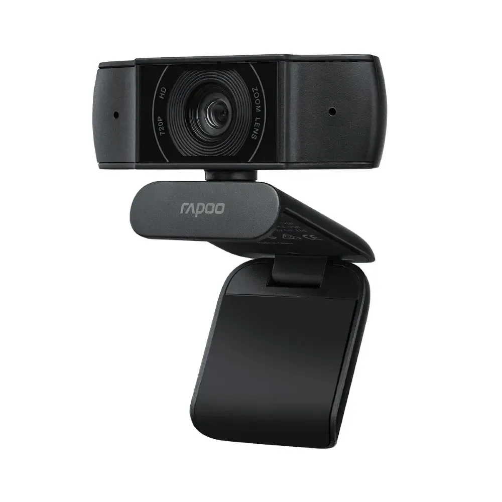 Rapoo C200 HD 720p USB webcam with dual noise-cancelling microphones, 90-degree wide-angle lens, and adjustable mount in black