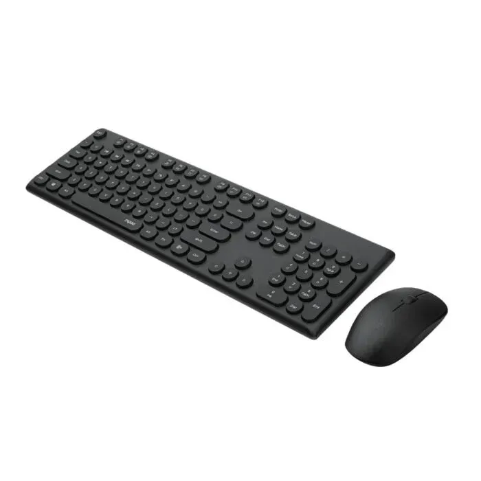 ​Rapoo X260S black wireless keyboard with retro round keycaps and matching optical mouse on a clean workspace.