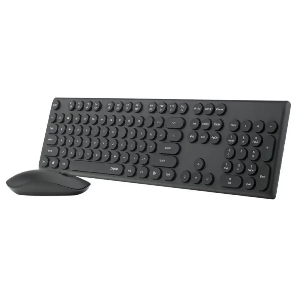 ​Rapoo X260S black wireless keyboard with retro round keycaps and matching optical mouse on a clean workspace.